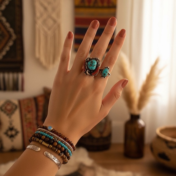 Sz 7, Vintage Ring, Turquoise Coral Sterling Silver Statement Ring - Picture 2 of 16